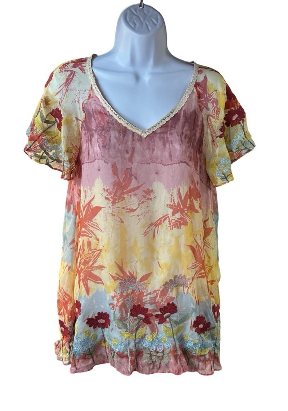 Sundance Silk Boho Blouse XS Floral Embroidered Tie Dye Flutter Sleeve Top
